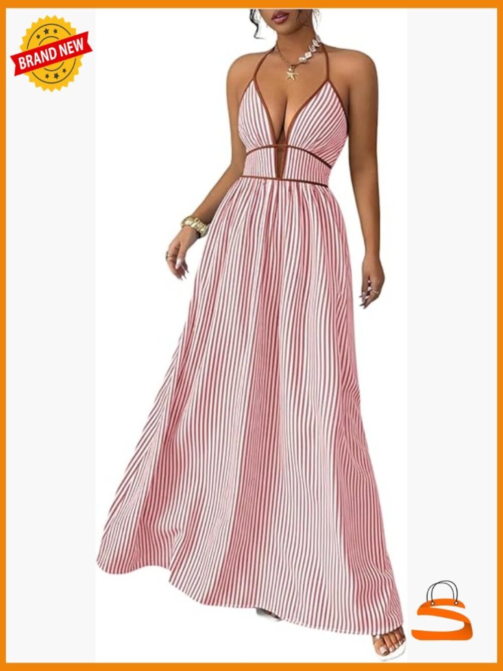 Striped Halter Maxi Dress Backless Smocked Beach Dress